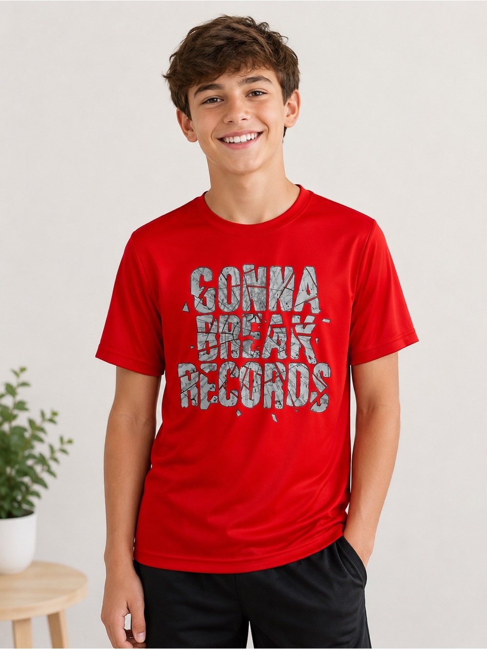 BCG Boys L 14/16 Red Gonna Break Records Performance Graphic Athletic T-Shirt